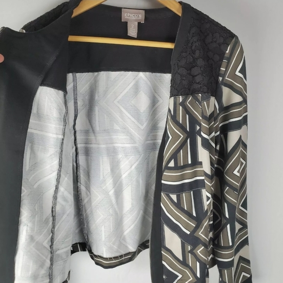 Chicos 2 Blazer Jacket Full Zip Geometric Stretch Lace Black Beige Large - Picture 4 of 8